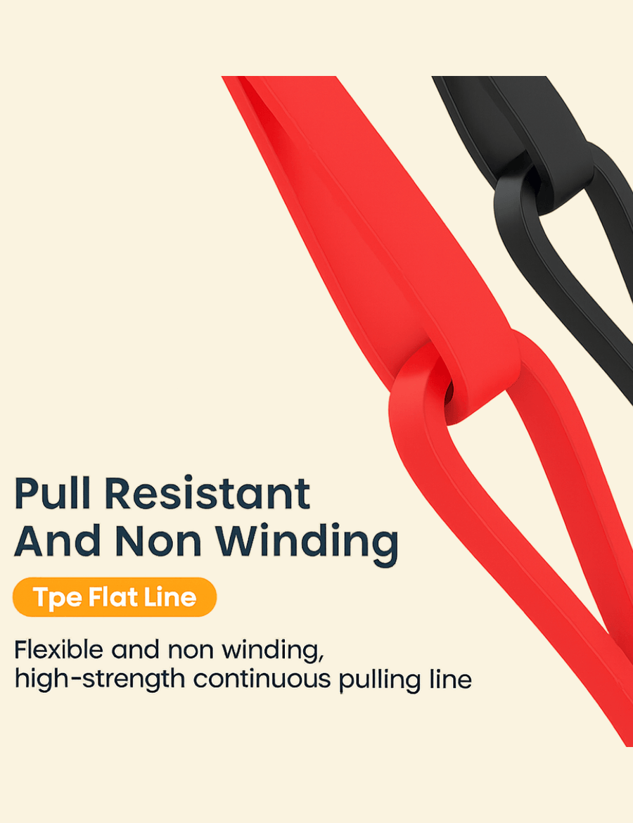 Close-up of red and black TPE flat charging cables showing flexible, non-winding, high-strength construction.

