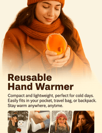 A promotional image of a smiling woman holding an orange reusable hand warmer, with text highlighting its portability for winter use.