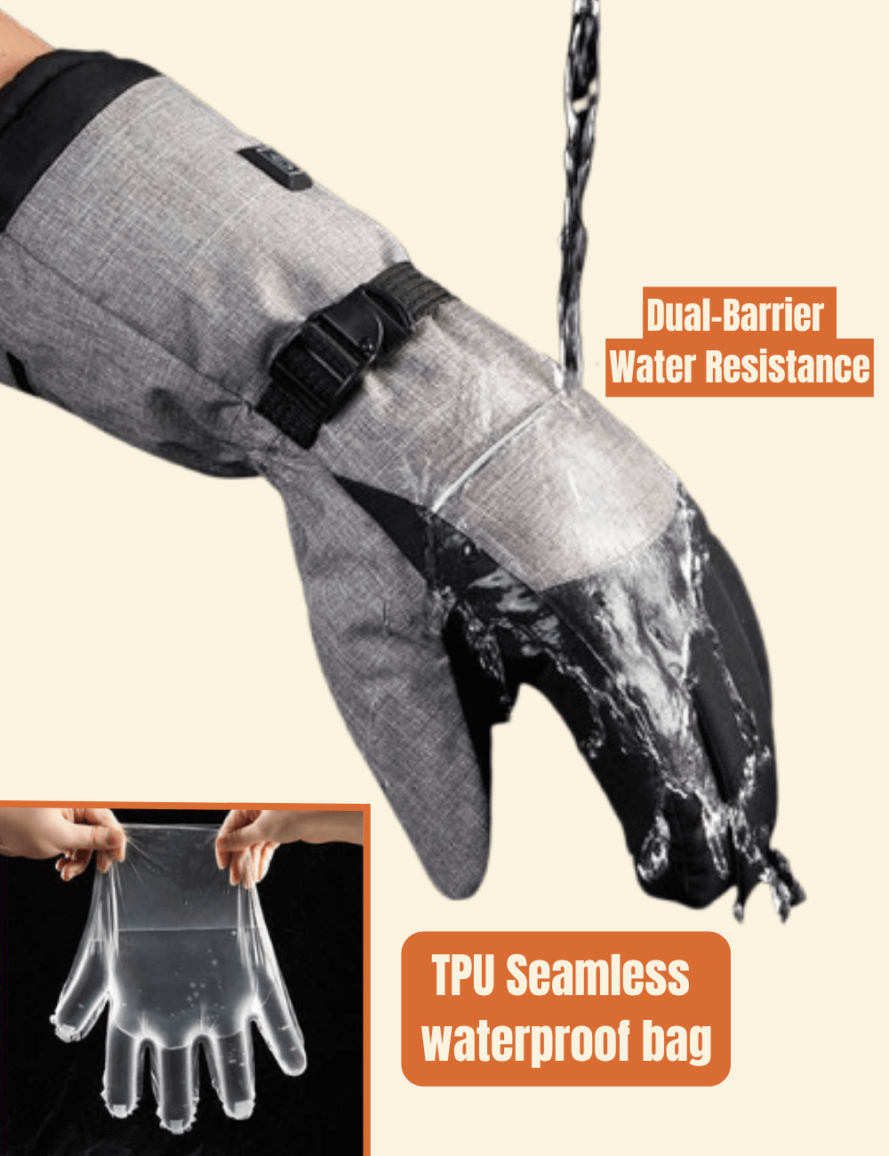 Hand wearing a waterproof glove with water splashing onto it, demonstrating dual-barrier water resistance.