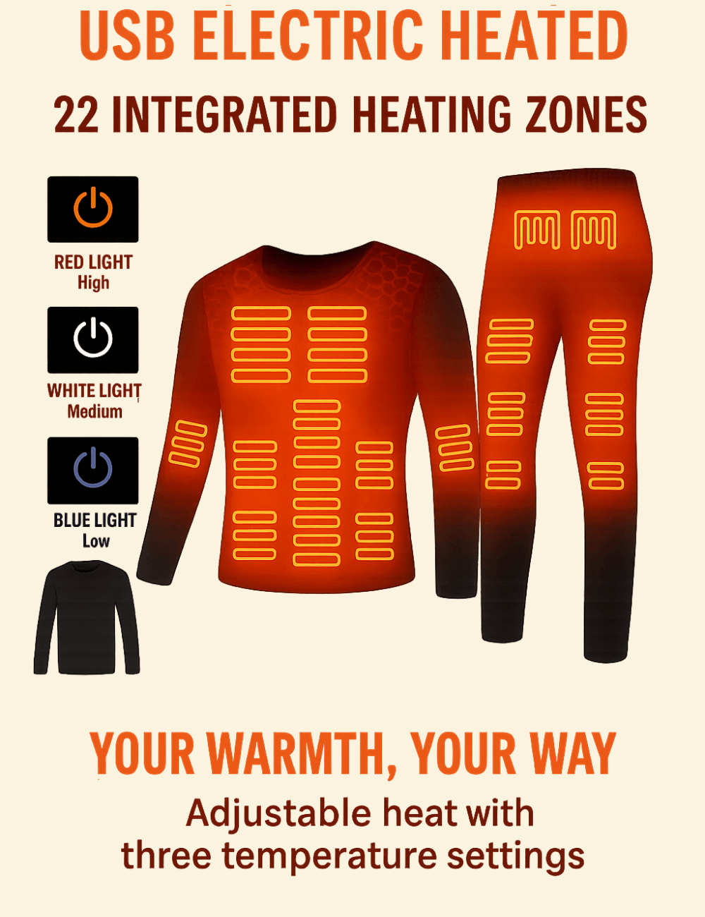 Warmweave™ heated top and bottom set showing 22 heating zones with three adjustable temperature modes