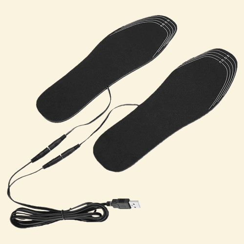 Black USB heated insoles with trim-to-fit size markings and detachable USB cable – Warmweave thermal footwear
