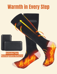 USB heated socks with arrows indicating heat flow and two black battery packs shown separately