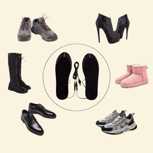 A pair of black heated insoles with attached cables is displayed in the center, surrounded by various types of footwear including boots, heels, sneakers, dress shoes, and winter boots, illustrating compatibility with multiple shoe styles.

