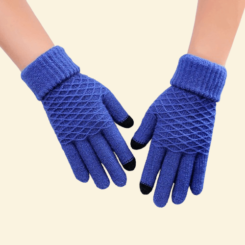 A pair of WarmWeave knit gloves in Frost Blue with textured palms and black touchscreen fingertips, displayed from the front.

