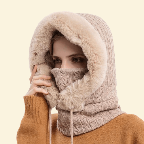 Warm Hooded Faux Fur Scarf – Beige