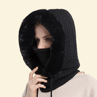 Black winter scarf hoodie worn up for cold weather protection