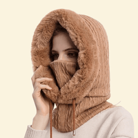 Neutral khaki color faux fur scarf hoodie styled for winter warmth