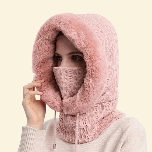 Soft pink hooded winter scarf with faux fur trim and drawcord