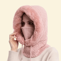 Soft pink hooded winter scarf with faux fur trim and drawcord