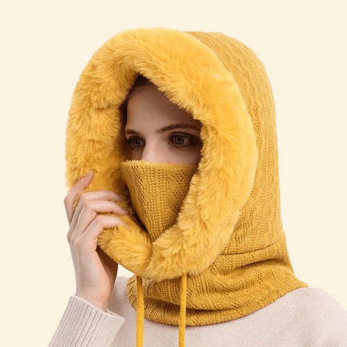 Warm Hooded Faux Fur Scarf – Turmeric

