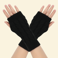 Black fingerless cable-knit winter gloves shown on hands