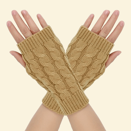 Camel brown fingerless winter gloves with ribbed cuffs