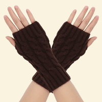 Deep coffee-colored wool gloves with open fingers, modeled on hands