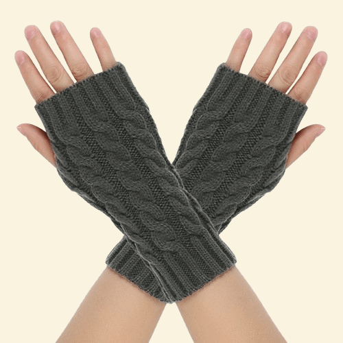 Dark gray fingerless gloves with cable-knit pattern and fitted wrists
