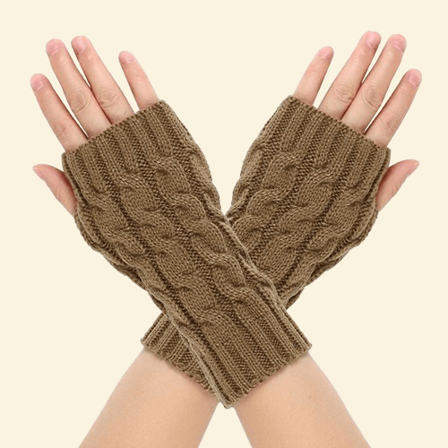 Khaki-colored fingerless gloves styled for cold weather
