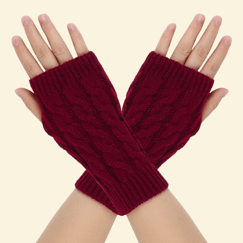 Wine red knit gloves with open fingers for warmth and mobility