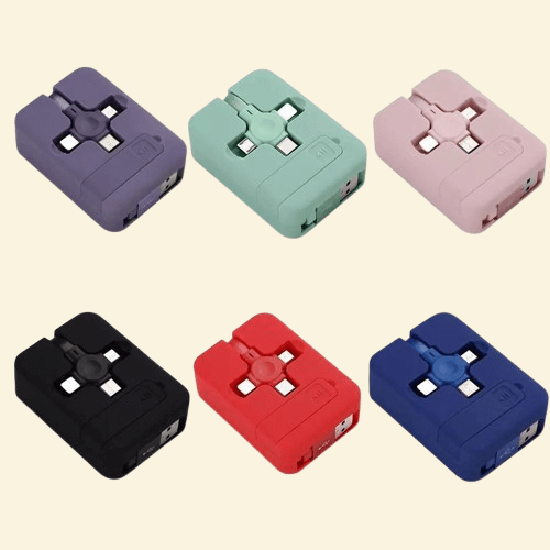 Colorful Warmweave 4-in-1 USB Charging Hubs in purple, green, pink, black, red, and blue — compact travel-friendly chargers with retractable multi-port connectors.

