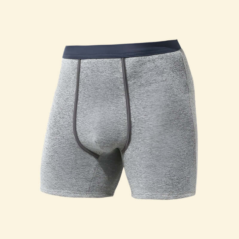 Ash Grey colored Warmweave™ fleece-lined long thermal boxers displayed flat, showing soft inner fleece lining and elastic waistband, designed to keep seniors and elderly warm and cozy during cold weather.
