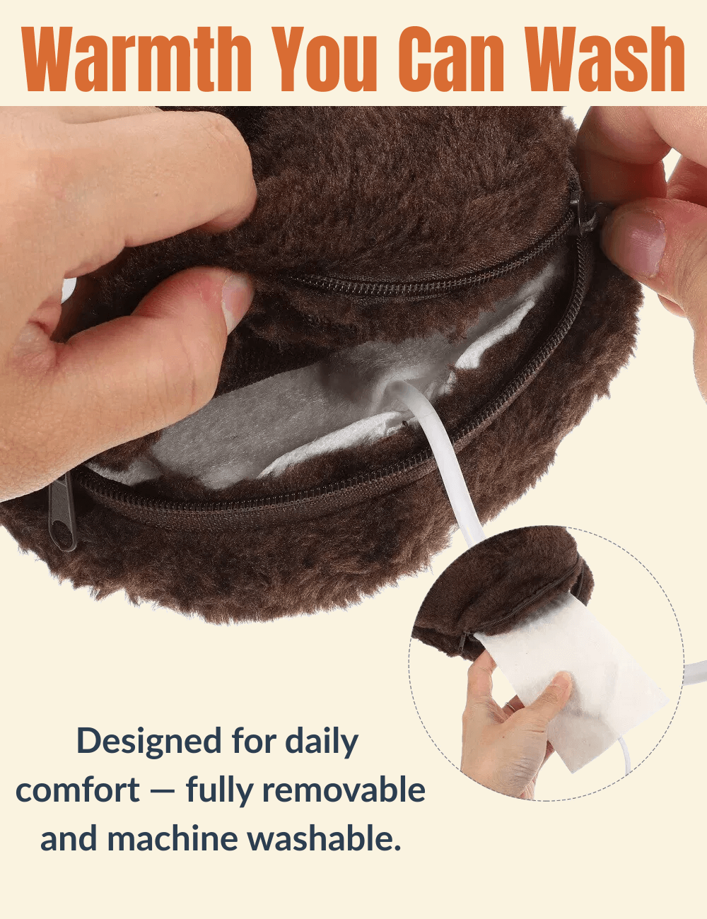 Close-up of the removable inner heating pad being taken out of a Warmweave™ heated slipper, showcasing the zippered compartment and soft fleece interior. Caption highlights that it's fully machine washable for daily comfort and easy care.