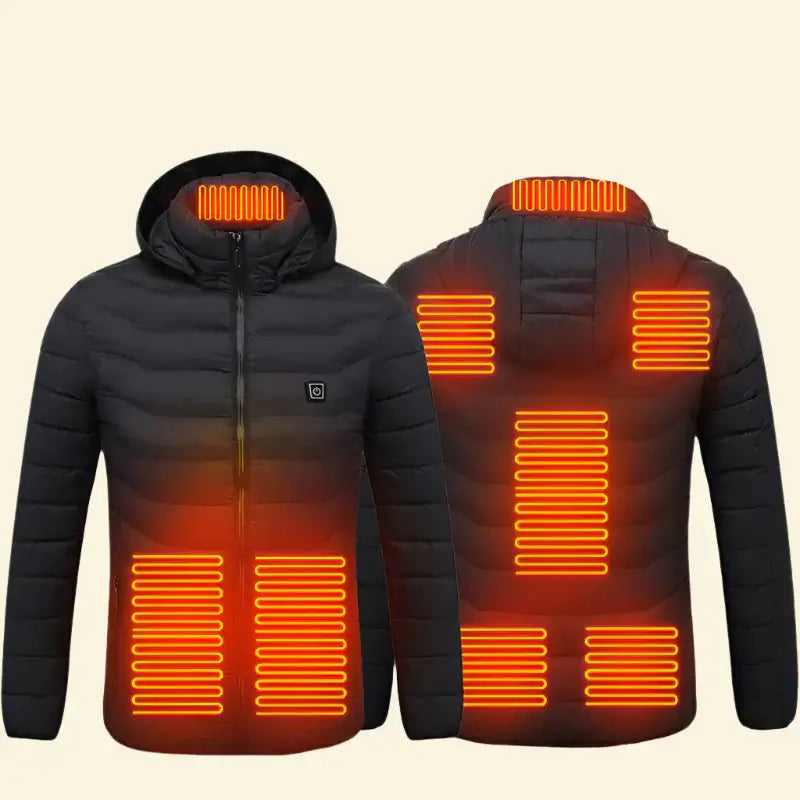 Black heated jacket with glowing orange heating elements on a beige background