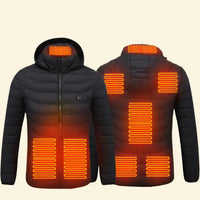 Black heated jacket with glowing orange heating elements on a beige background