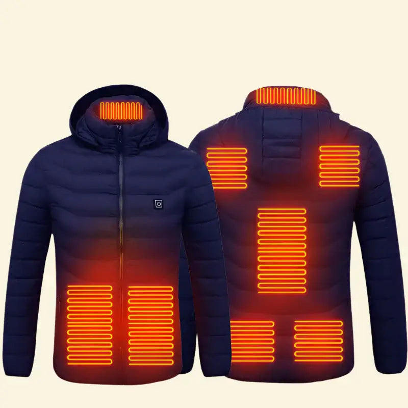 Navy blue heated jacket with glowing orange heating elements on a beige background