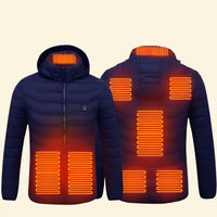 Navy blue heated jacket with glowing orange heating elements on a beige background
