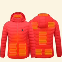 Red heated jacket with visible heating elements on a beige background