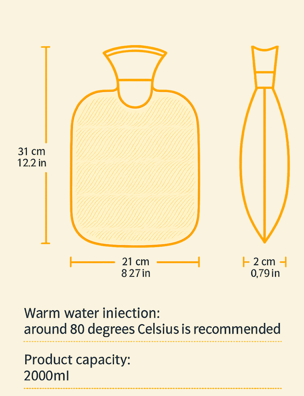Diagram showing size and shape of the Warmweave™ hot water bag with measurements in centimeters.