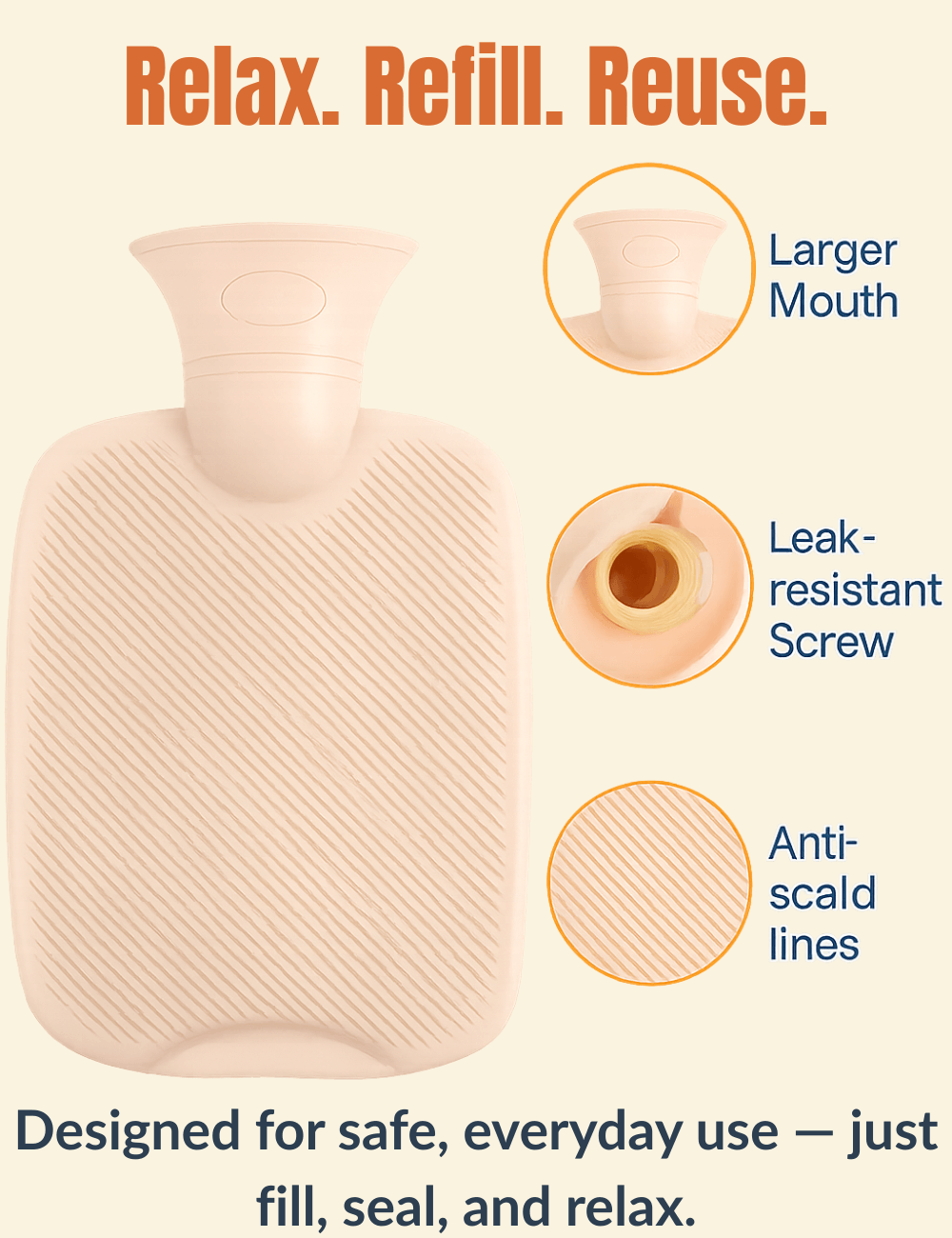 Side-by-side image of a beige PVC hot water bottle and soft grey cover, highlighting large mouth and anti-scald surface.