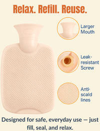 Side-by-side image of a beige PVC hot water bottle and soft grey cover, highlighting large mouth and anti-scald surface.
