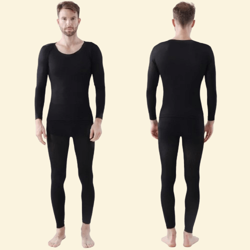 Man wearing Warmweave™ black thermal underwear set, front and back view

