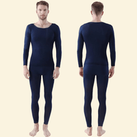 Man wearing Warmweave™ navy thermal underwear set, front and back view

