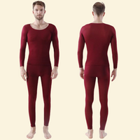 Man wearing Warmweave™ red thermal underwear set, front and back view


