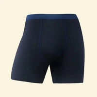 Midnight Navy colored Warmweave™ fleece-lined long thermal boxers displayed flat, showing soft inner fleece lining and elastic waistband, designed to keep seniors and elderly warm and cozy during cold weather.