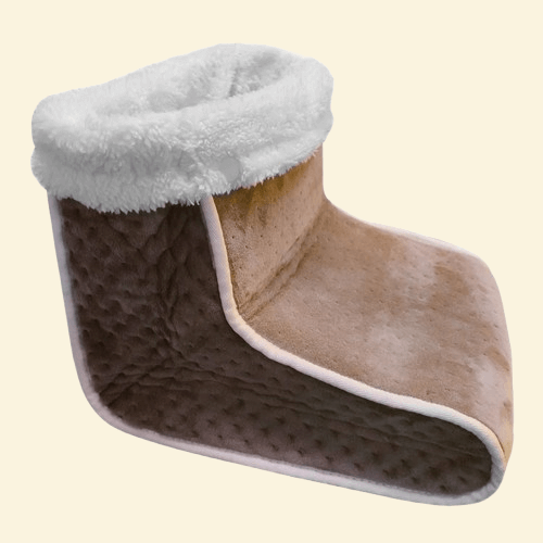 Coffee brown Warmweave™ foot warmer featuring plush velvet texture and white faux fur trim, designed for indoor comfort.