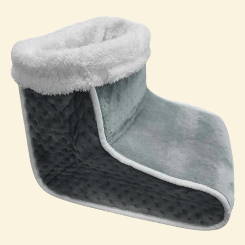 Grey Warmweave™ plug-in foot warmer with ultra-soft velvet lining and cream faux fur trim, displayed on cream background.
