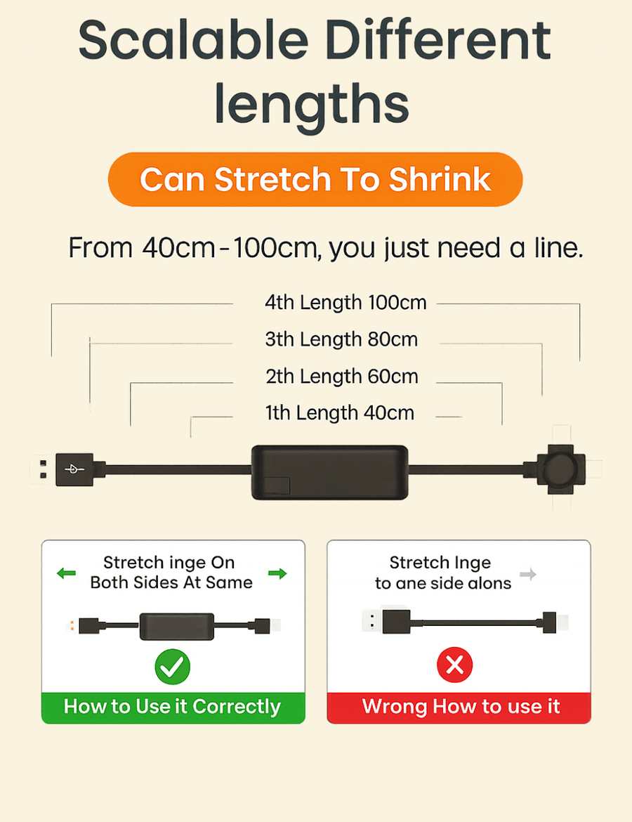 Illustration showing the Warmweave™ retractable USB cable with length options from 40cm to 100cm, including a visual guide on how to stretch the cable correctly by pulling both ends simultaneously, and a warning against pulling one end only.