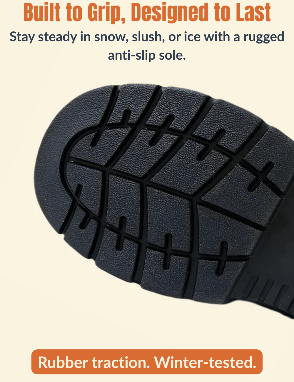 Close-up of rugged black anti-slip sole with text highlighting rubber traction and winter-tested grip.