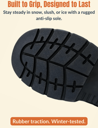 Close-up of rugged black anti-slip sole with text highlighting rubber traction and winter-tested grip.