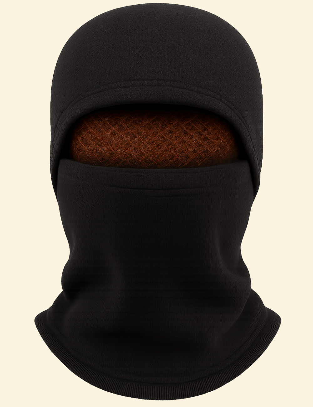 Front view of Warmweave™ ThermalShield fleece balaclava hat in black with fire-woven eye mesh for cold weather protection
