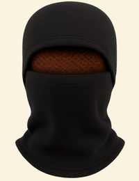 Front view of Warmweave™ ThermalShield fleece balaclava hat in black with fire-woven eye mesh for cold weather protection

