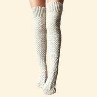 Cozy white knit knee-high socks worn on legs, shown front-facing