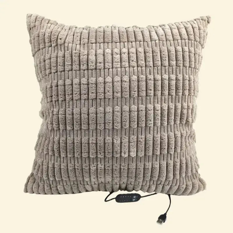 Mocha Glow beige Warmweave™ USB heated pillow with soft woven cover, 5 heat settings, and safety shut-off.