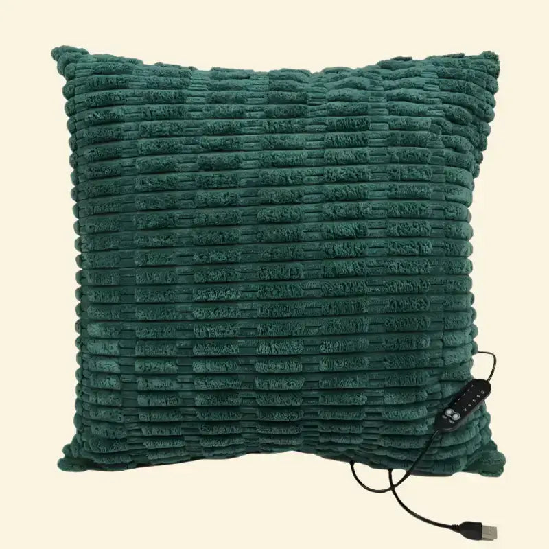 Pine Hearth green Warmweave™ USB heated pillow with cozy woven cover and adjustable temperature control.