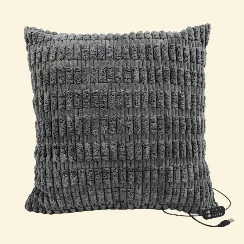 Smoky Charcoal Warmweave™ USB heated pillow featuring woven texture, adjustable heat, and auto shut-off safety.