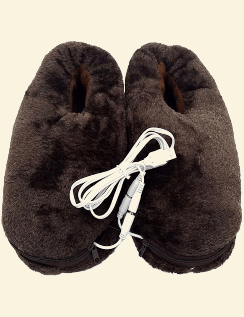 Close-up of Warmweave™ USB Heated Slippers in brown, featuring a soft fleece exterior and USB charging cable at the center. Designed for warmth, comfort, and easy USB-powered heating.

