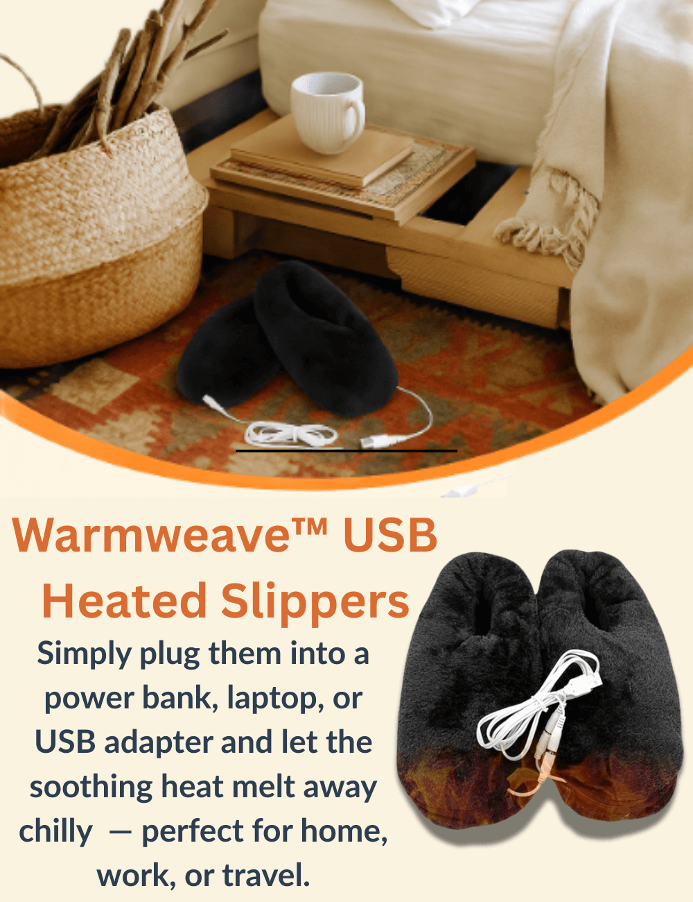 Black Warmweave™ USB Heated Slippers with white charging cable displayed in a cozy bedroom setting, featuring a wooden bed, woven basket, and blanket. Product image and description highlight USB-powered warmth and comfort for home, work, or travel.