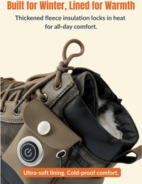 Close-up of Warmweave™ USB Heated Winter Boot showing thick fleece lining and power button detail on cream background