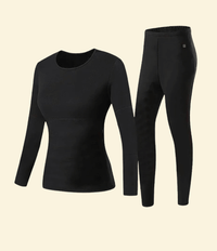 Front and side view of Warmweave™ women's USB heated thermal top and bottom set in black color